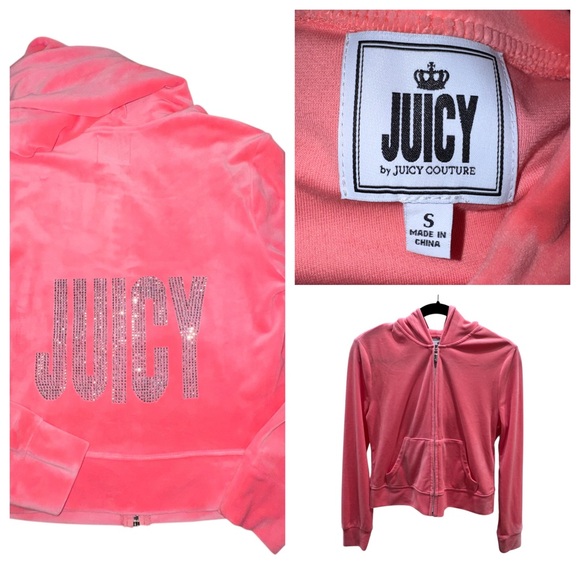 Juicy Couture Jackets & Blazers - Juicy Couture Pink Crystal Logo Velour Zip Hoodie